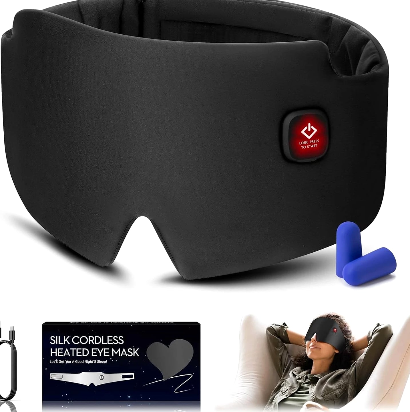 Cordless Heated Silk Eye Mask 2000mAh Warm Compress Sleep Dry Eye Relief