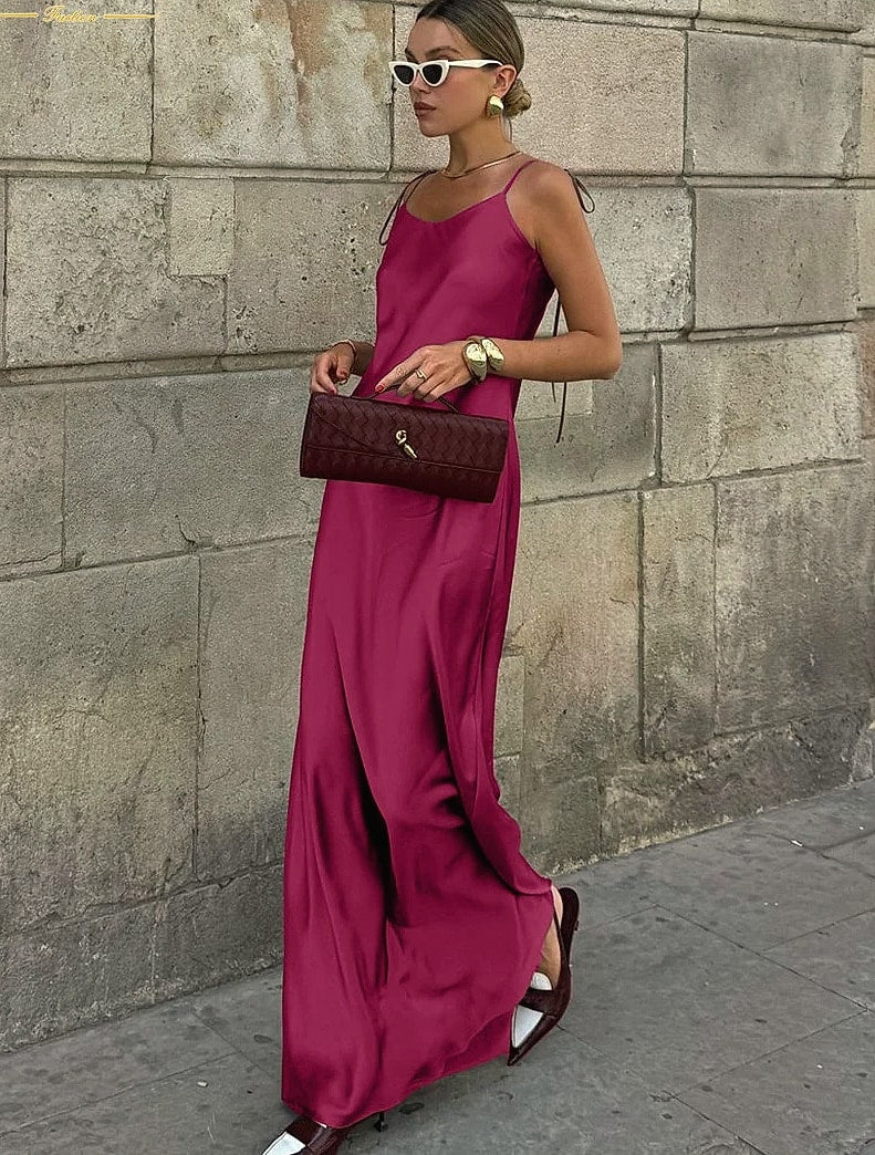 Clacive Brown Satin Floor Length Backless Dress