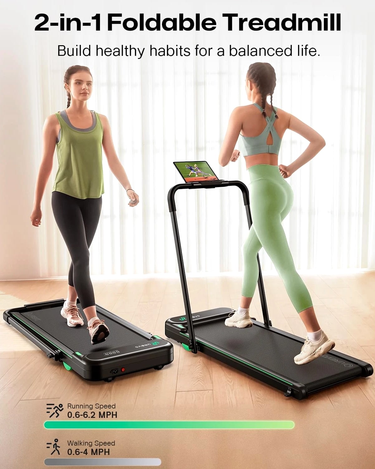 Strol 2E Smart 2-in-1 Folding Treadmill, Compact Walking Pad with Safety Handrails