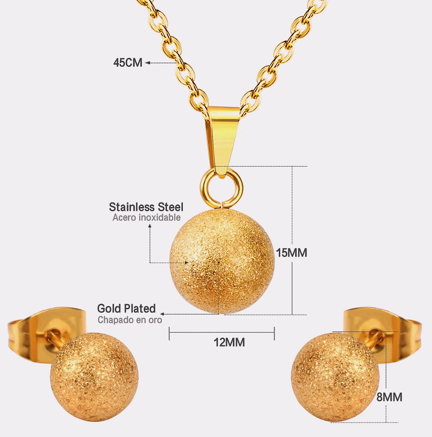 LUXUSTEEL Stainless Steel Round Ball Pendant Necklace Set