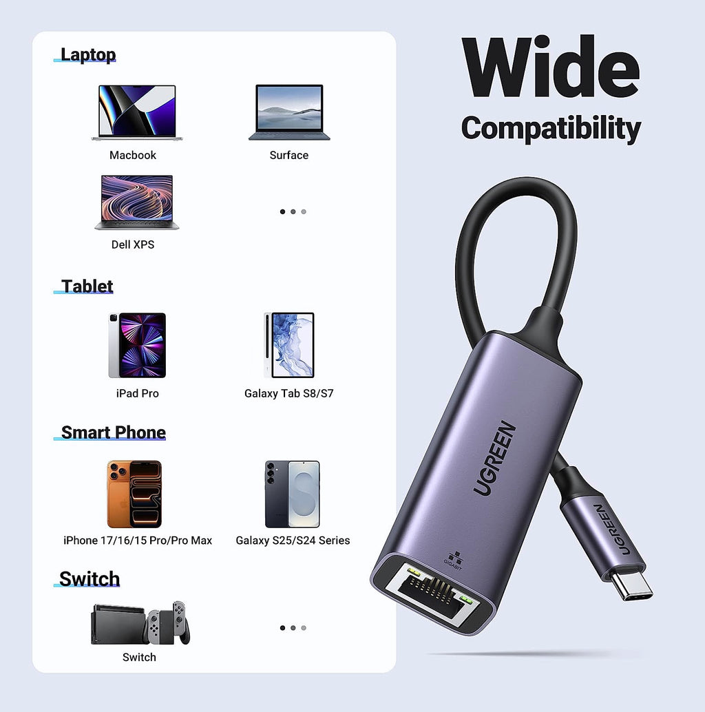 UGREEN USB-C to Ethernet Adapter, 1Gbps RJ45 Network Dongle