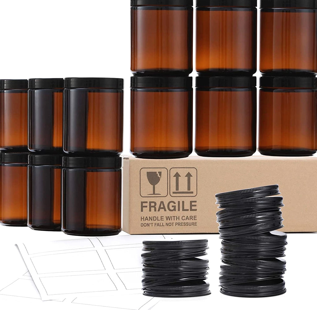 12 Pack 8 OZ Thick Glass Jars with Lids - Dark Amber Candle Jars with Metal & Plastic Lids