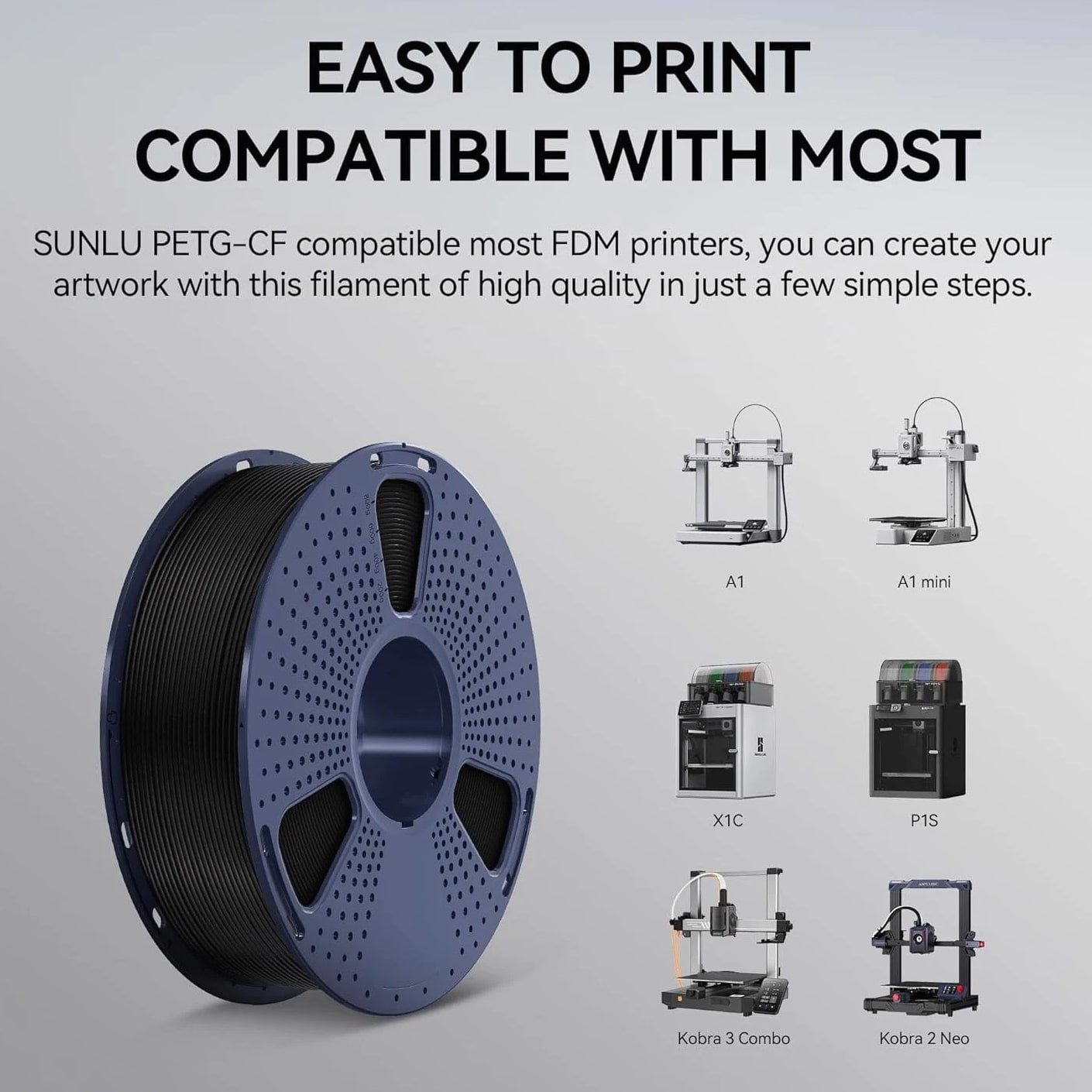 SUNLU Carbon Fiber PETG 3D Printer Filament 1.75mm PETG-CF 1KG, 10% short fiber