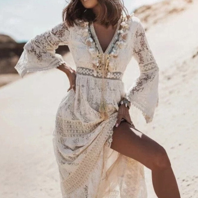 Women's Boho Maxi Lace V Neck Flare Sleeve Dress Summer Party Beach Sundress