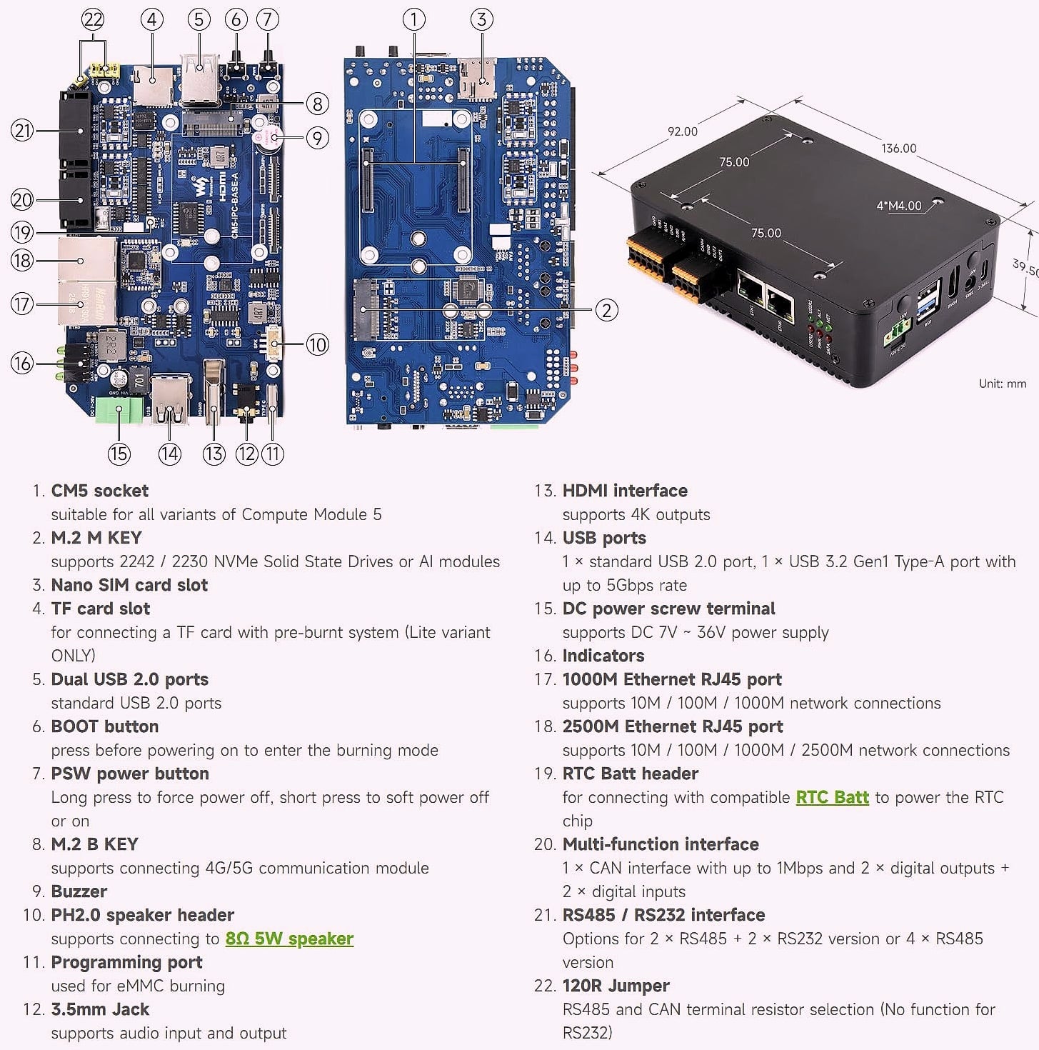 Waveshare CM5 Industrial Computer Dual Ethernet 4G/5G Edge Computing