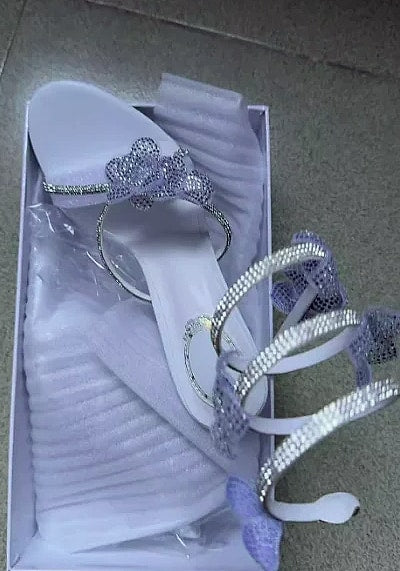 Crystal Flower Ankle Strap Sandals with Thin High Heels