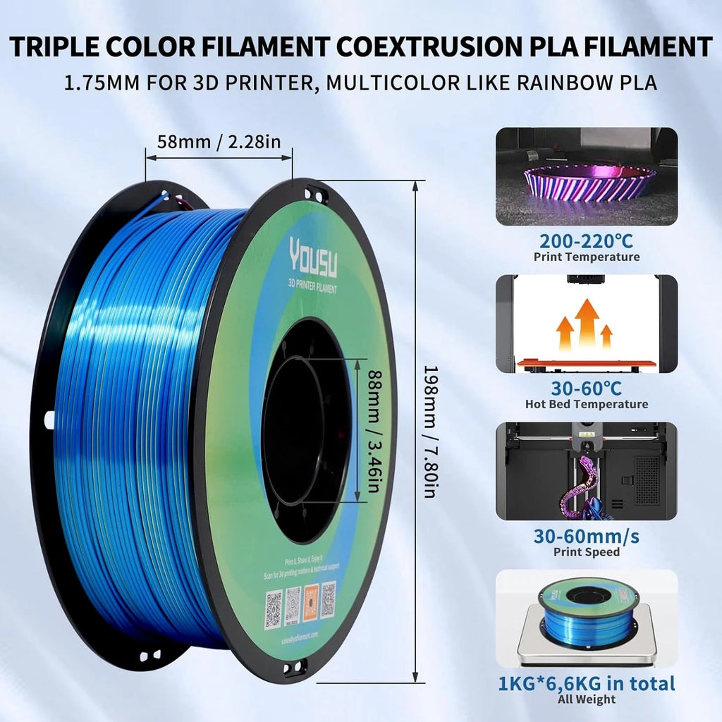 3D Printer Filament Silk PLA, Rainbow Color 1.75mm Tri-Color 6 Pack