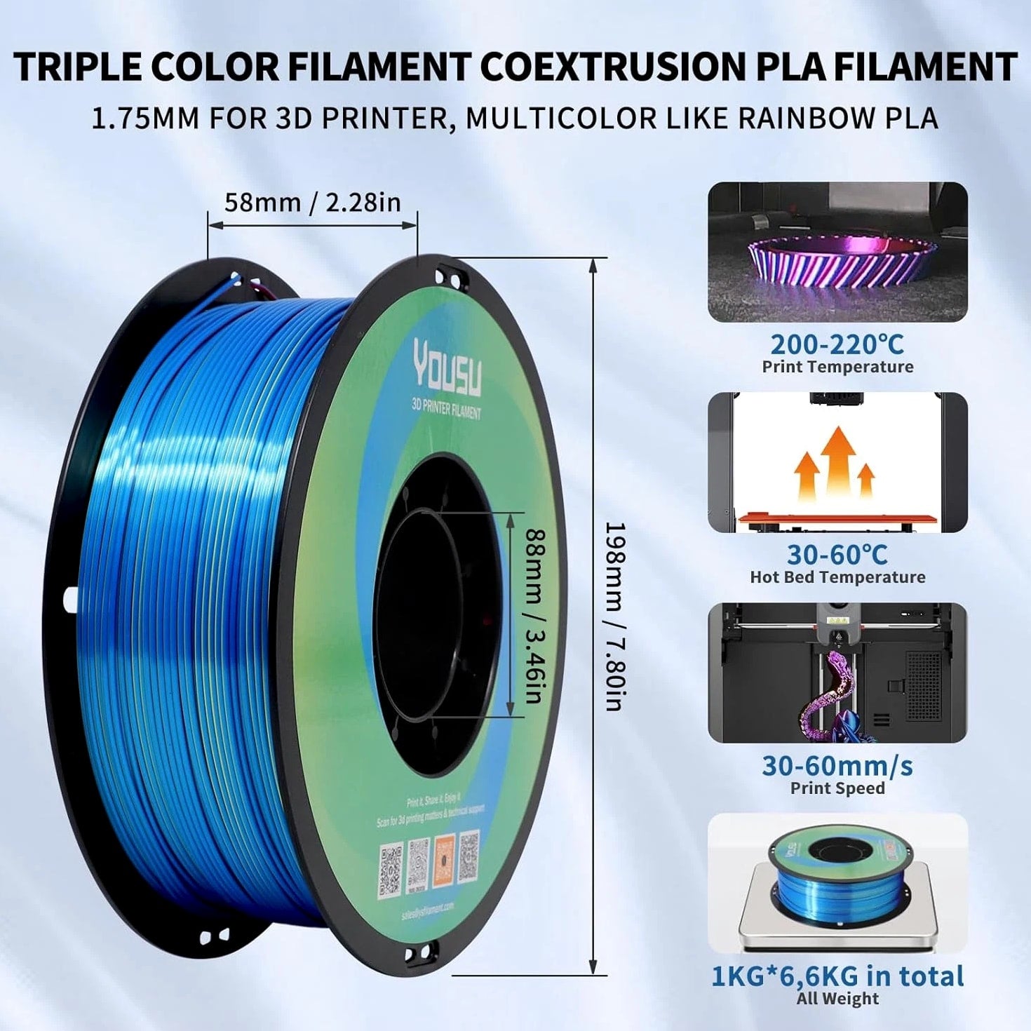 3D Printer Filament Silk PLA, Rainbow Color 1.75mm Tri-Color 6 Pack