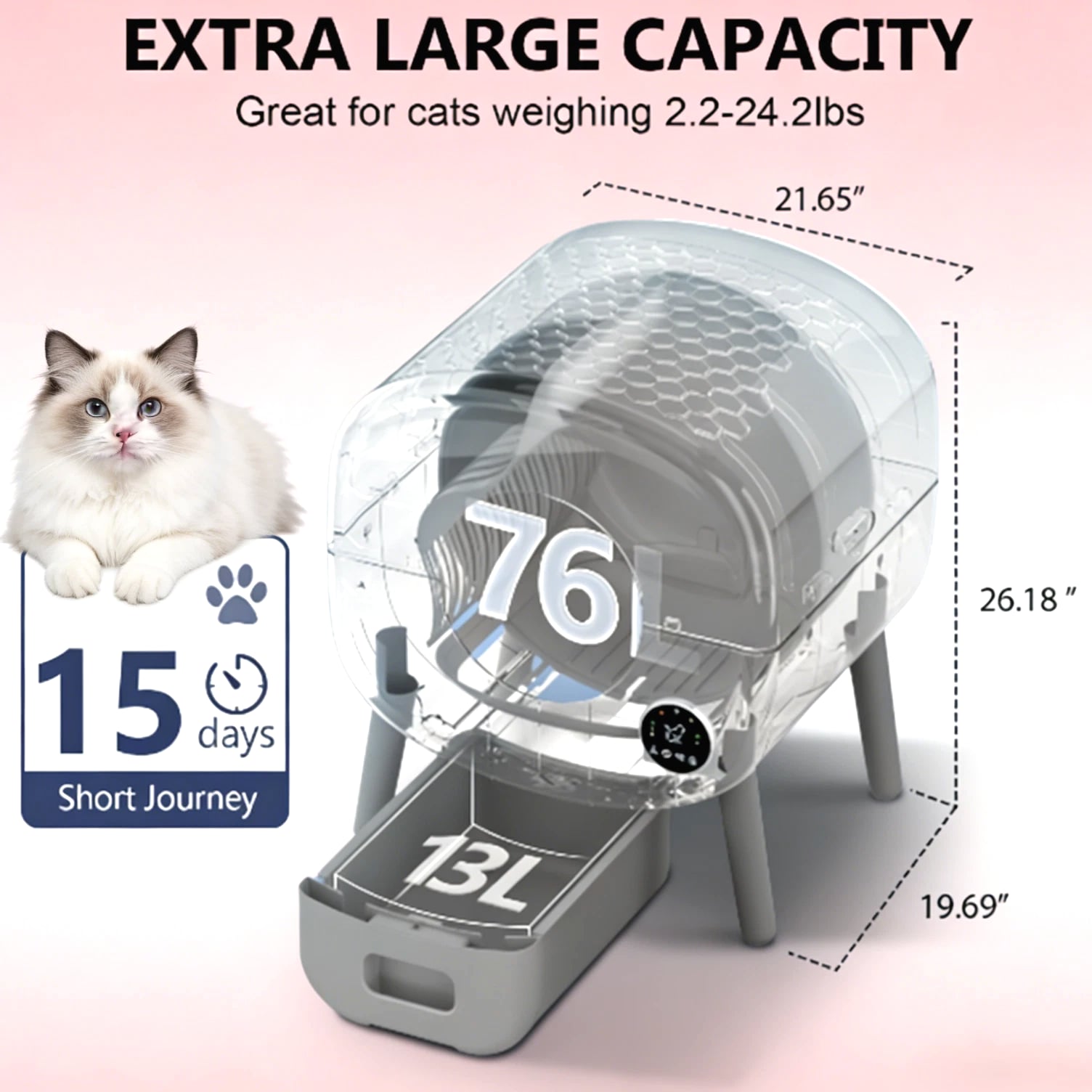 Used 95LAuto Self-Cleaning Cat Litter Box, APP Control, Multi-Cat, Safety Sensor