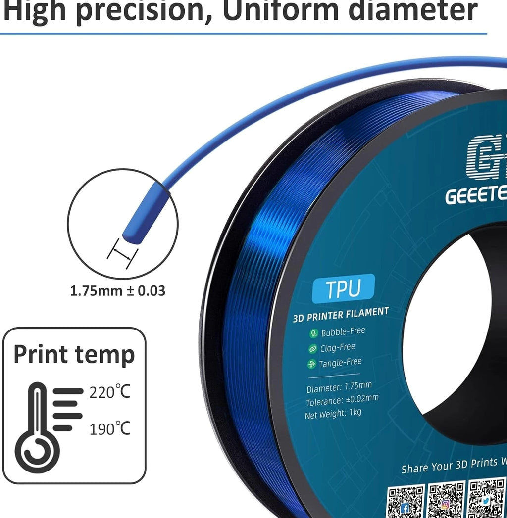 Flex TPU Filament 1.75mm 95A Shore, Clear Blue Flexible