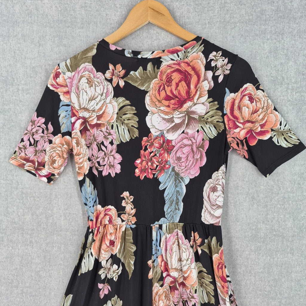 Vintage Promesa Dress Medium Romantic Black Floral Midi Fit Flare Pockets Boho