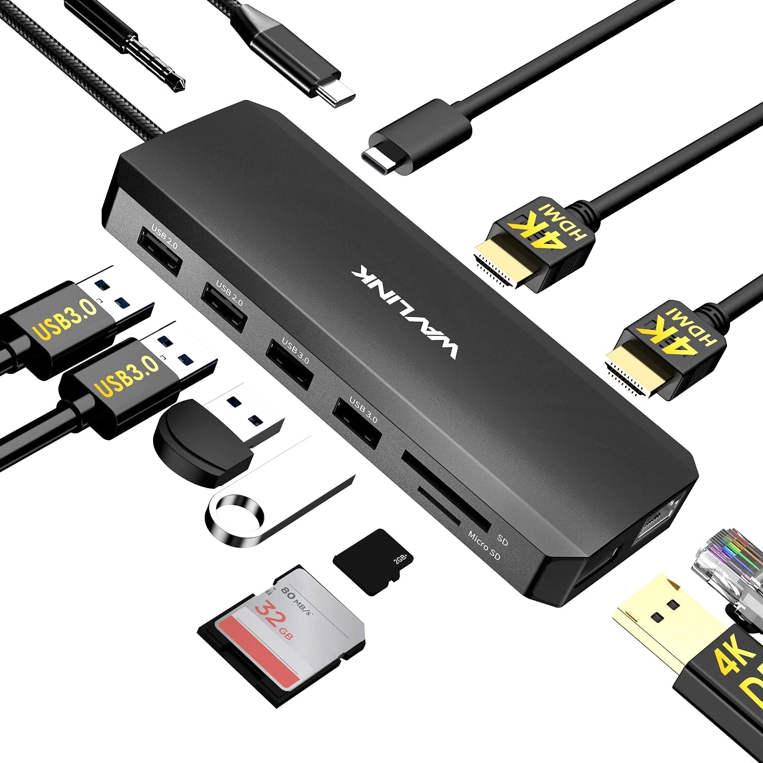 12-in-1 5Gbps USB3 USB C Hub Triple Display USB C Dock Multiport 2x HDMI DP RJ45