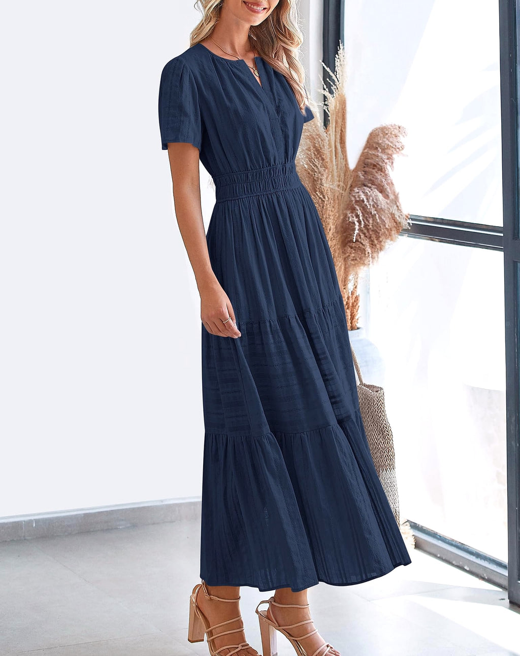 BTFBM Women's Casual Midi Maxi Dress Short Sleeve V Neck