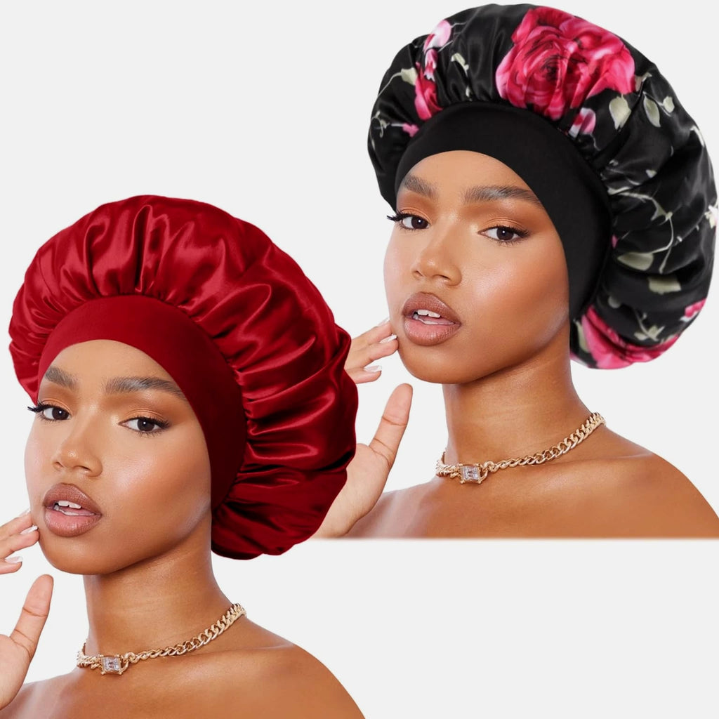 Satin Bonnet 2-Pack Silk Hair Bonnets Black Peacock Blue Pink