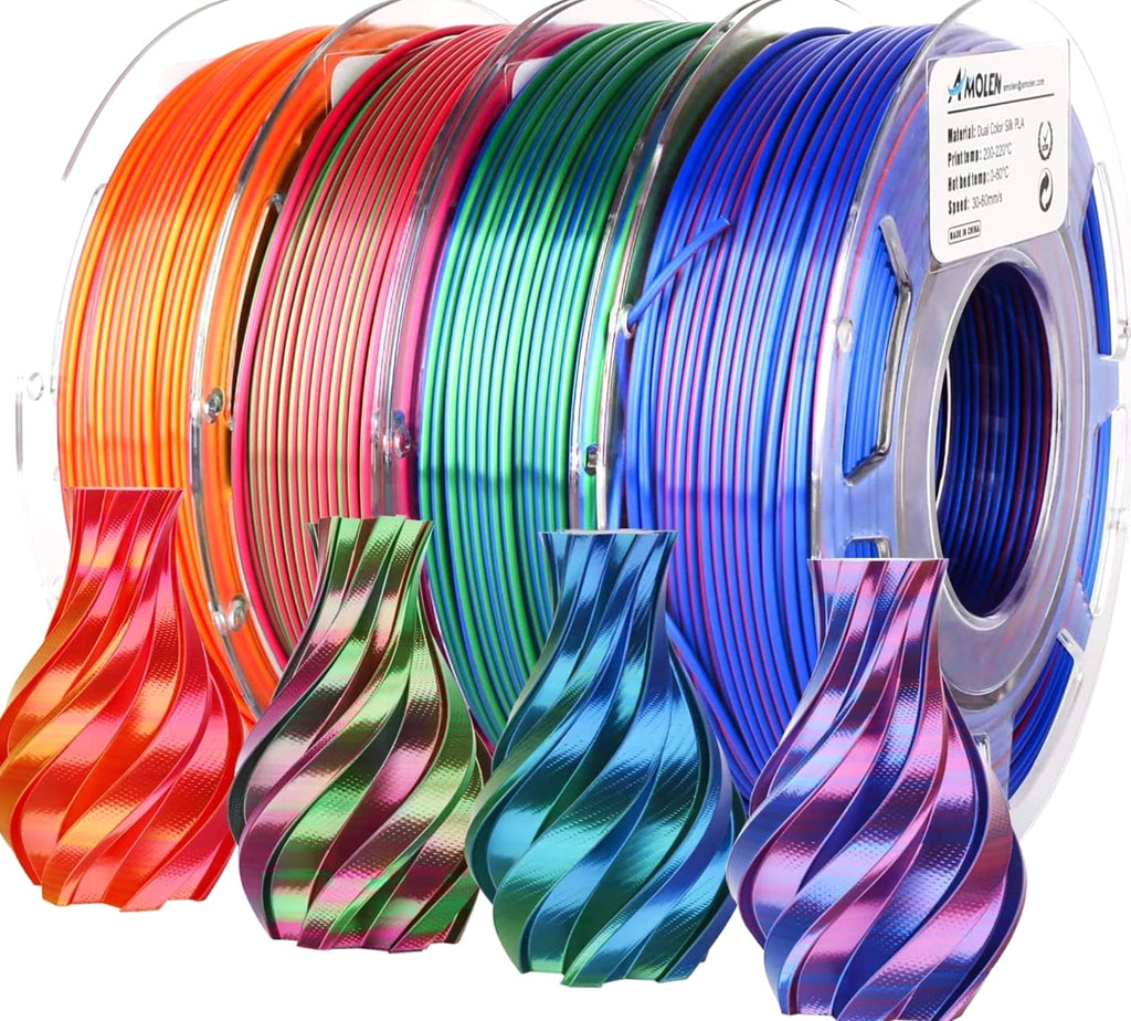 Silk PLA 3D Printer Filament Bundle, Shiny Dual Color Filament 1.75mm Pack, Multi