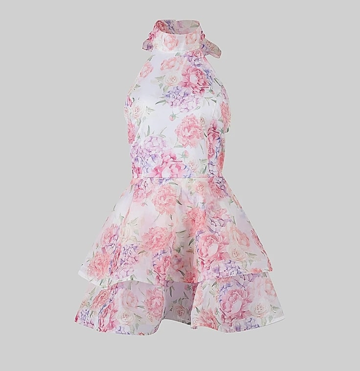Chic Floral Printed Mini Dress Backless Sleeveless Hem Stacking Dresses Sweet A Line Vestidos 2025 New Lady Party Club Clothing