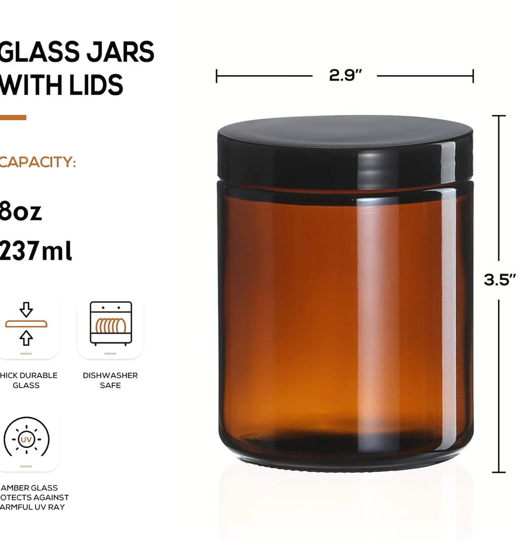 12 Pack 8 OZ Thick Glass Jars with Lids - Dark Amber Candle Jars with Metal & Plastic Lids