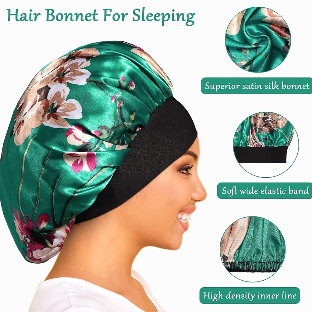 Satin Bonnet Hair Cap for Sleeping- 4 Pack Large Silk Bonnets for Women, Elastic Soft Band