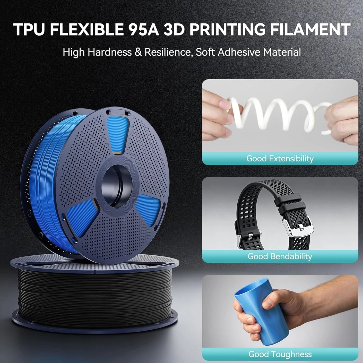 TPU Filament 1.75mm, 95A Flexible 3D Printer Filament, Soft TPU 1kg Spool (2.2 lbs)
