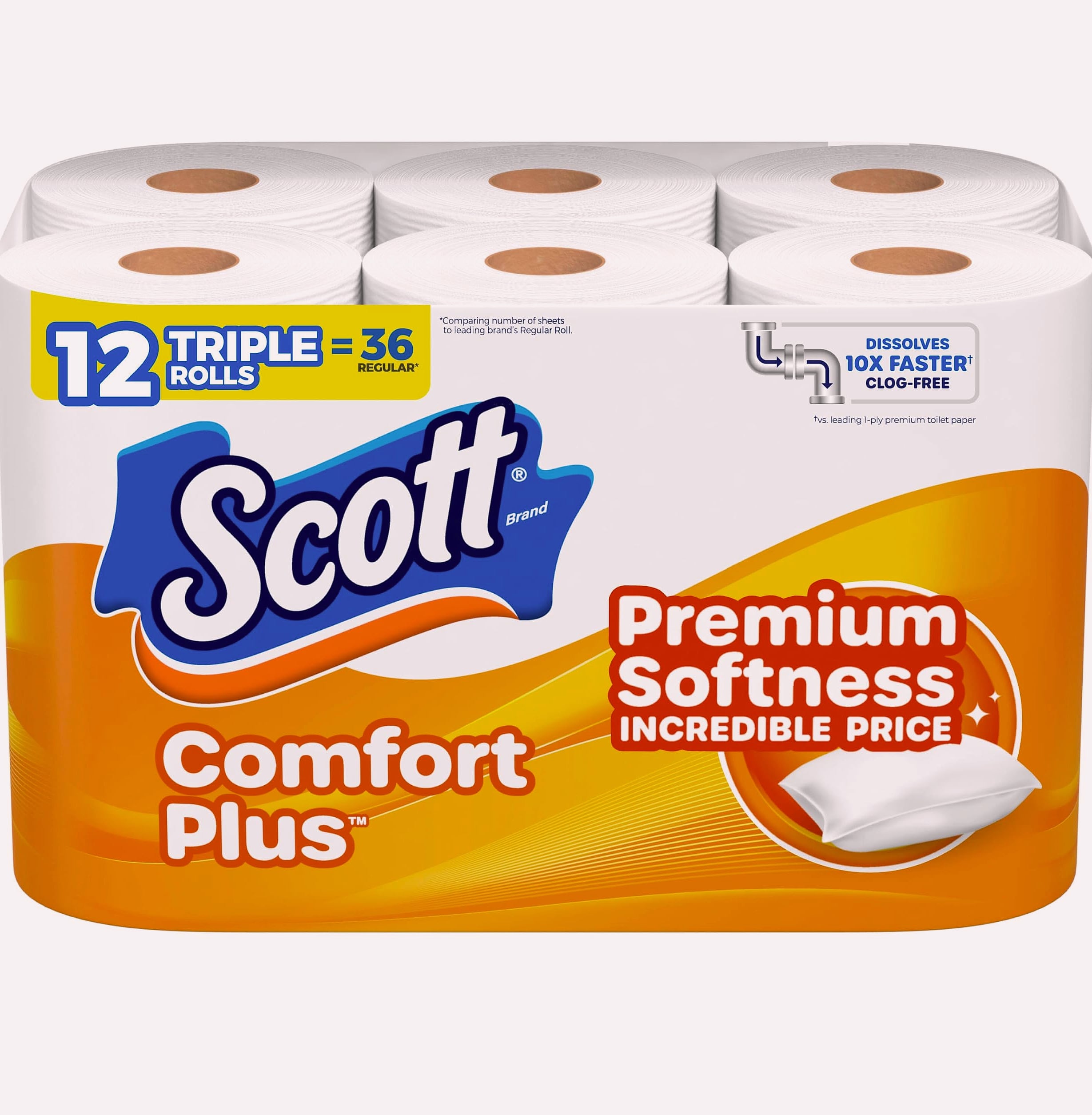 Scott ComfortPlus Toilet Paper, 12 Triple Rolls, 1-Ply Bath Tissue