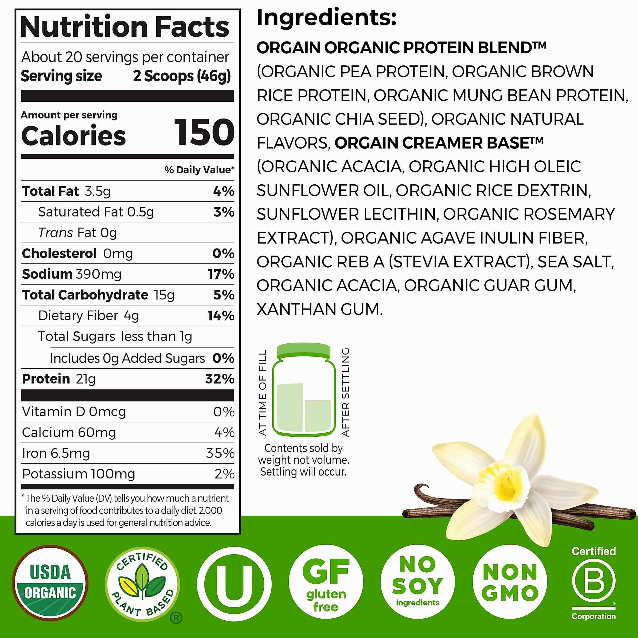 Orgain Organic Vegan Protein Powder Vanilla Bean, 21g Plant Protein