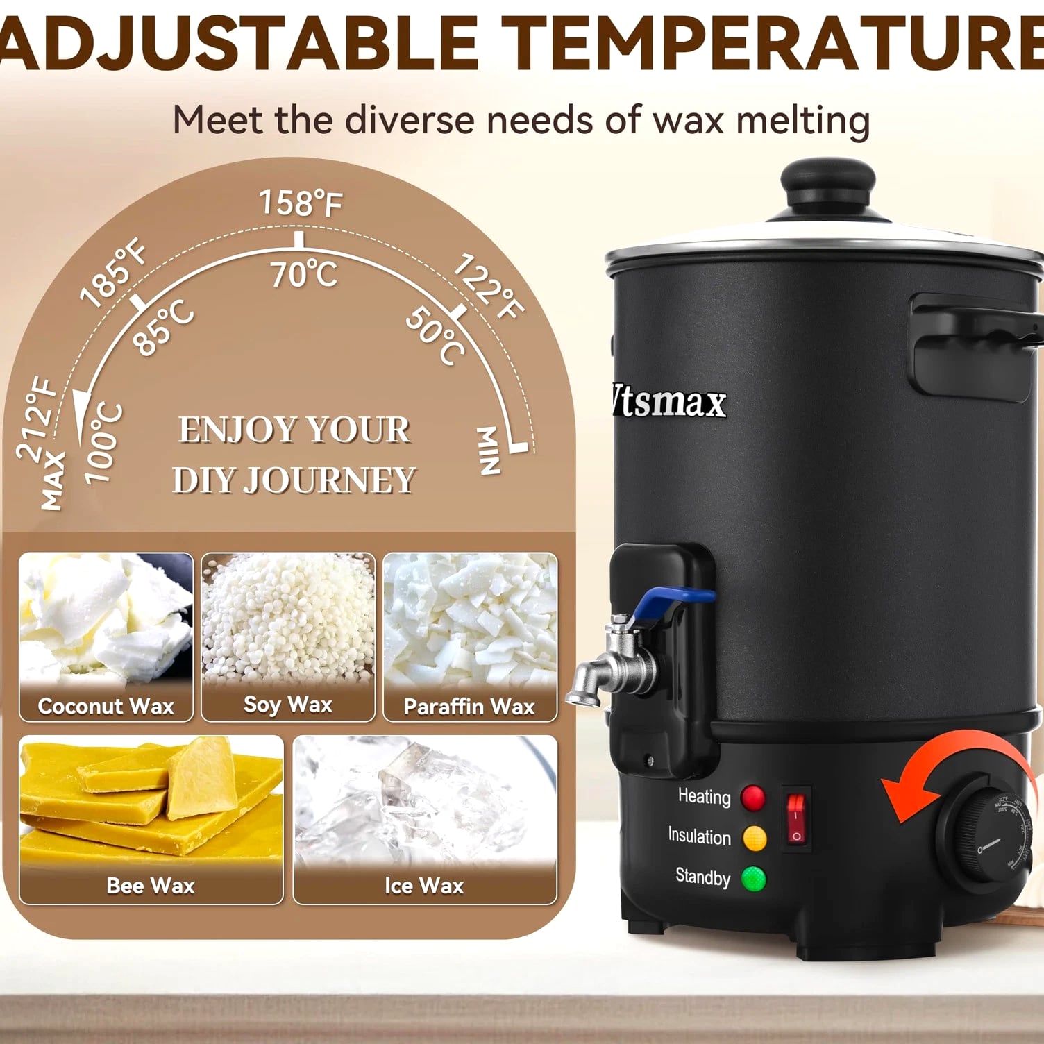 Vtsmax 12Lbs Wax Melter for Candle Making Pot, Temp Control and No-Clog -S
