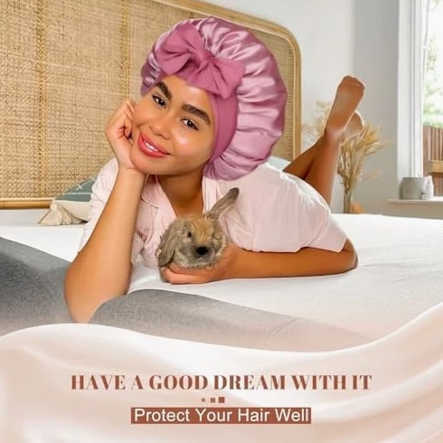 Satin Bonnet Sleep Cap Double Layer Hair Bonnet with Bean Paste + Pink