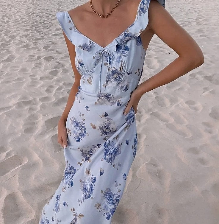 Cryptographic Summer Floral Plunge Maxi Dress Backless