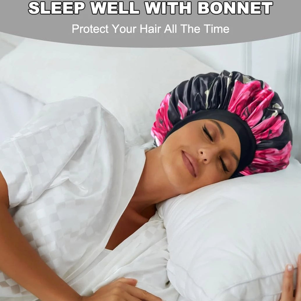 Satin Bonnet 2-Pack Silk Hair Bonnets Black Peacock Blue Pink