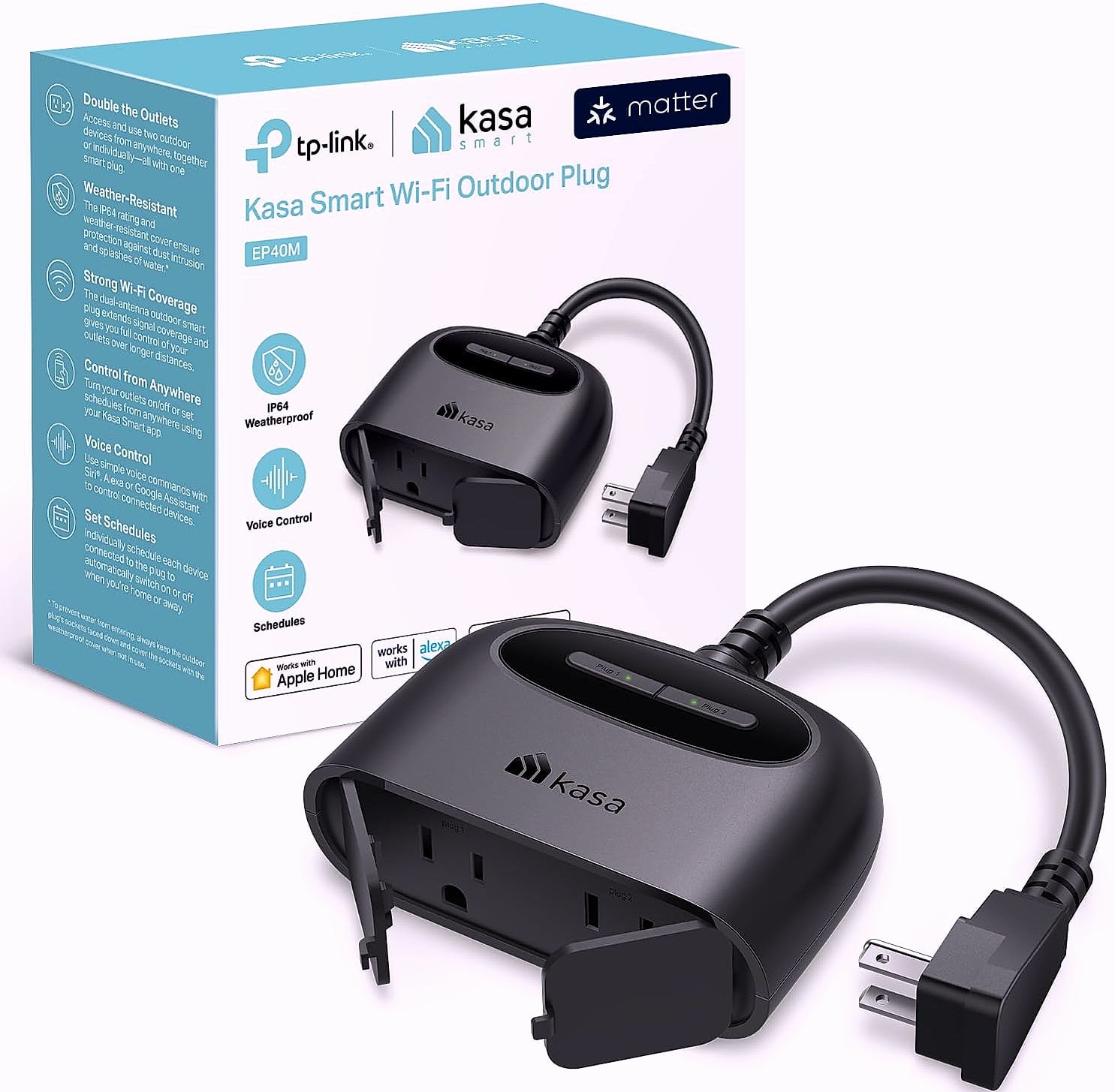 Kasa Smart Outdoor Plug EP40 with 2 Sockets, IP64 Weather Resistant