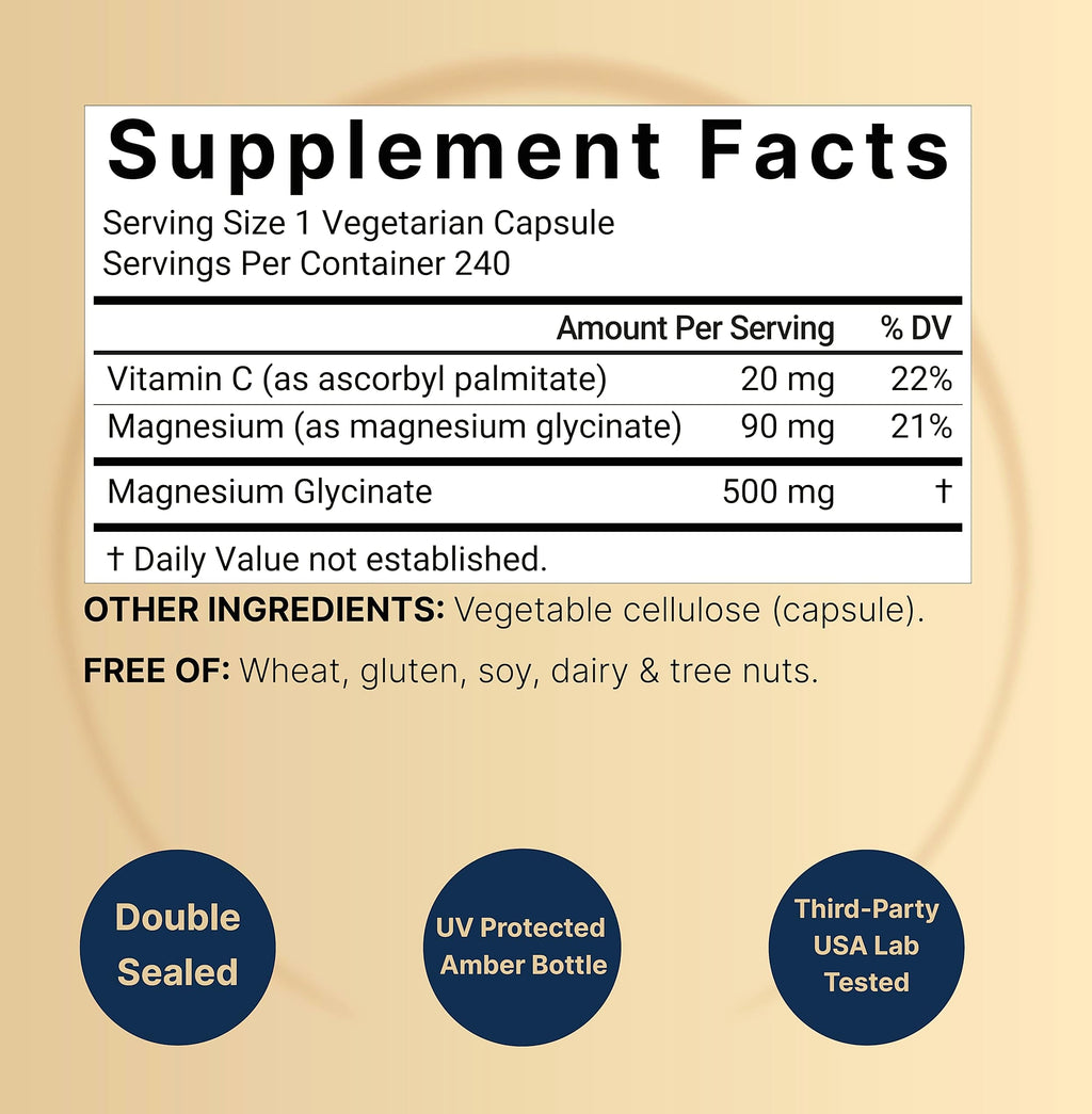 NatureBell Magnesium Glycinate 500mg, 240 Veggie Capsules
