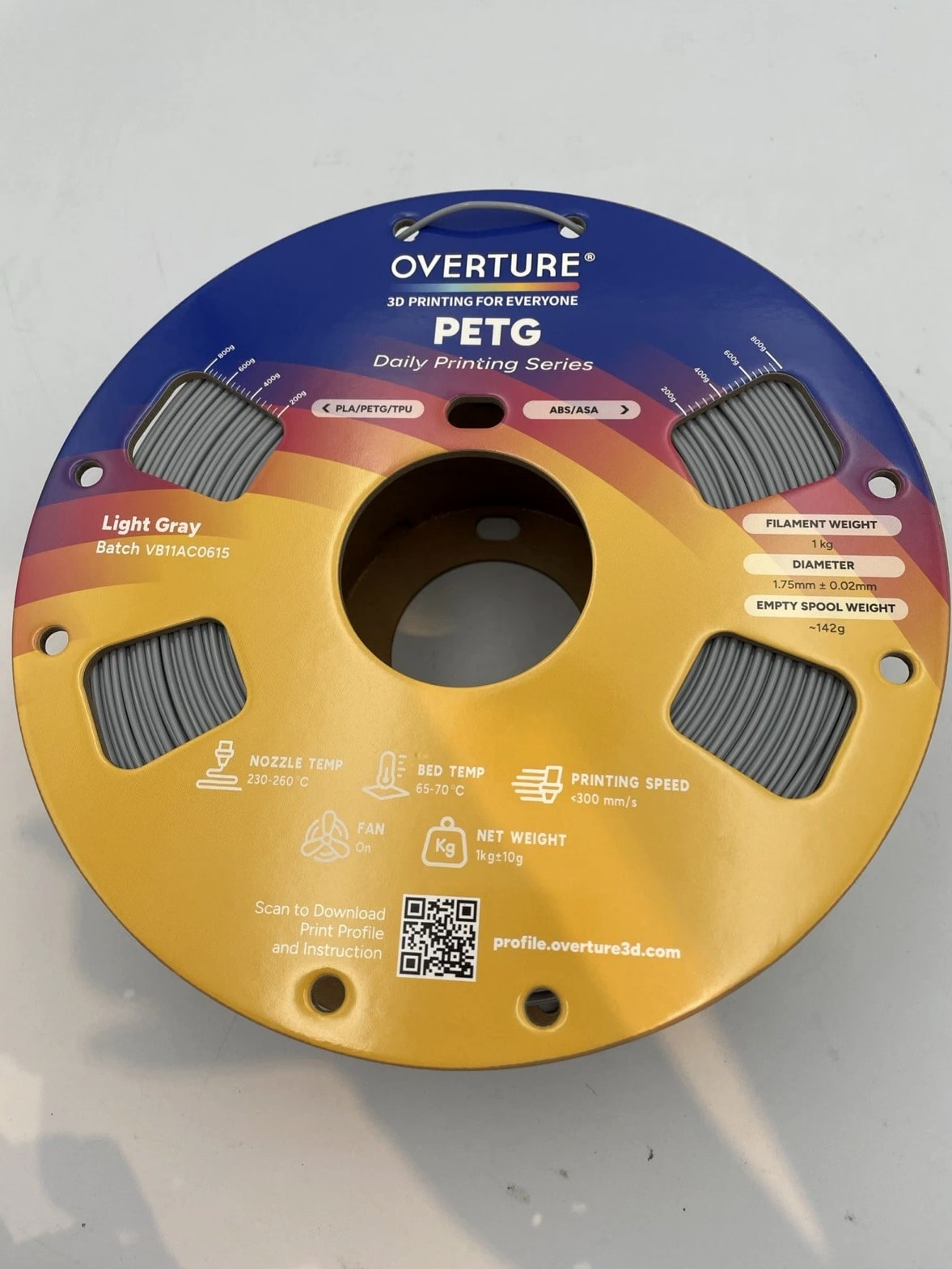 Overture PETG 3D Printer Filament - Grey 1.75mm/1kg Open Box