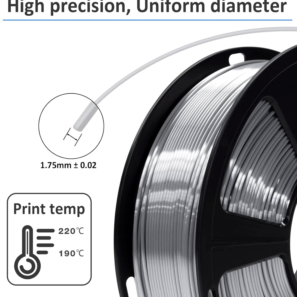 Silk Metallic Silver PLA 3D Printer Filament 1Kg Spool, 1.75Mm Dimensional Accuracy