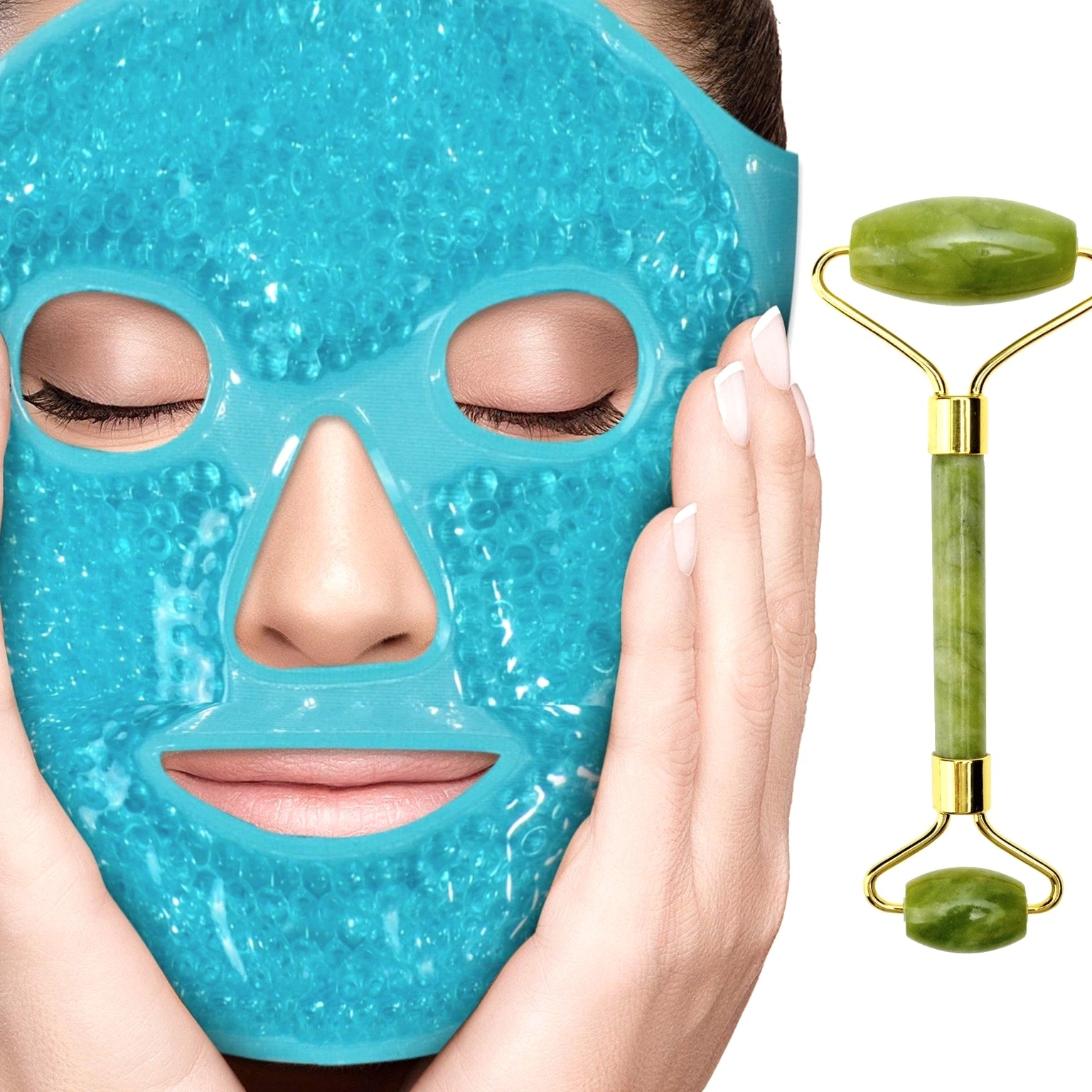 Ice Face Mask + Jade Roller - Beauty Roller for Face Neck Massage - Stone Fa...