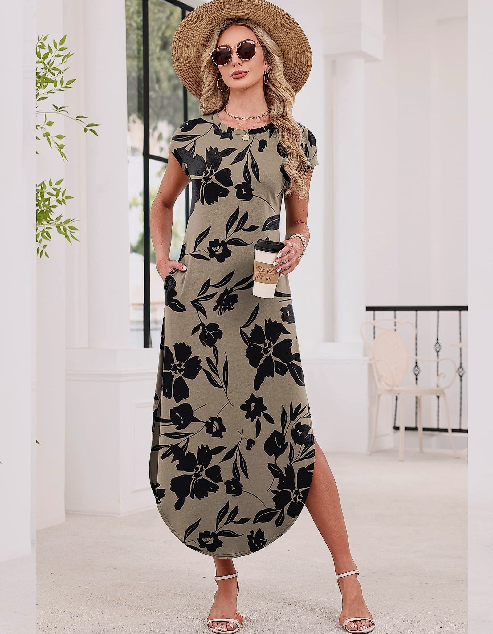 WIHOLL Summer Maxi Dress Cap Sleeve Crewneck with Pockets