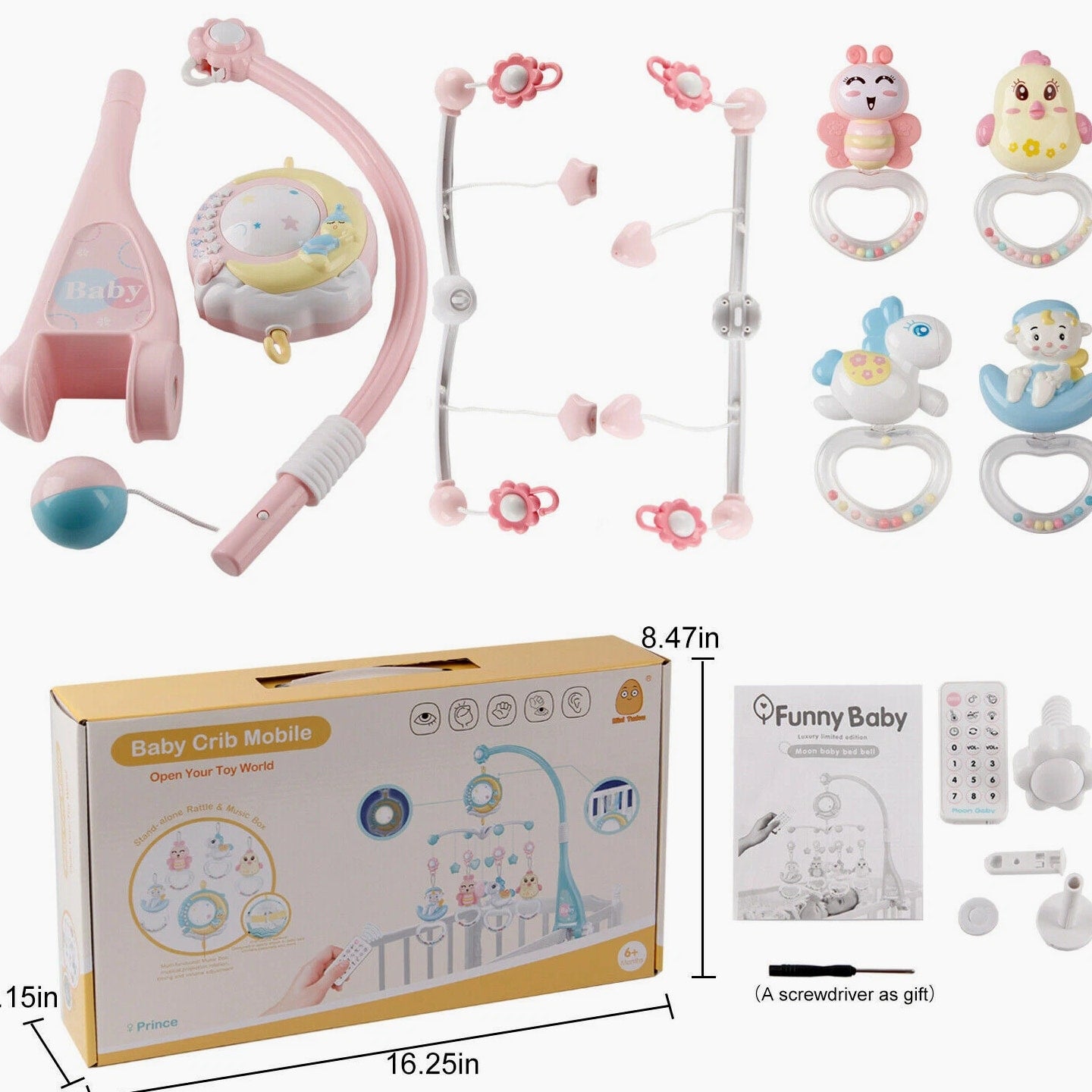 Baby Crib Mobile with Music and Lights,Moon & Star Projector Toys with 108 Songs