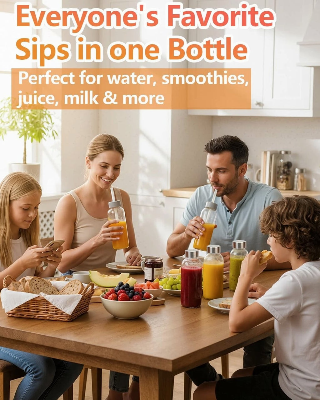 Glass Water Bottles with Lids & Straw 16 oz, 8 Pack Reusable Juice Bottles Wi...