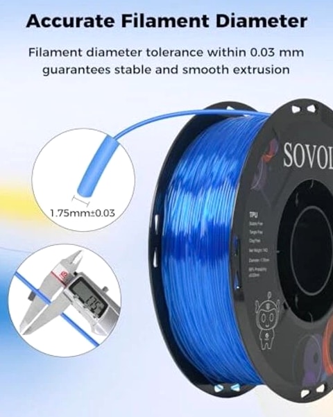 TPU Filament 1.75mm, 95A Soft TPU Flexible 3D Printer Filament, 1 KG Clear Blue