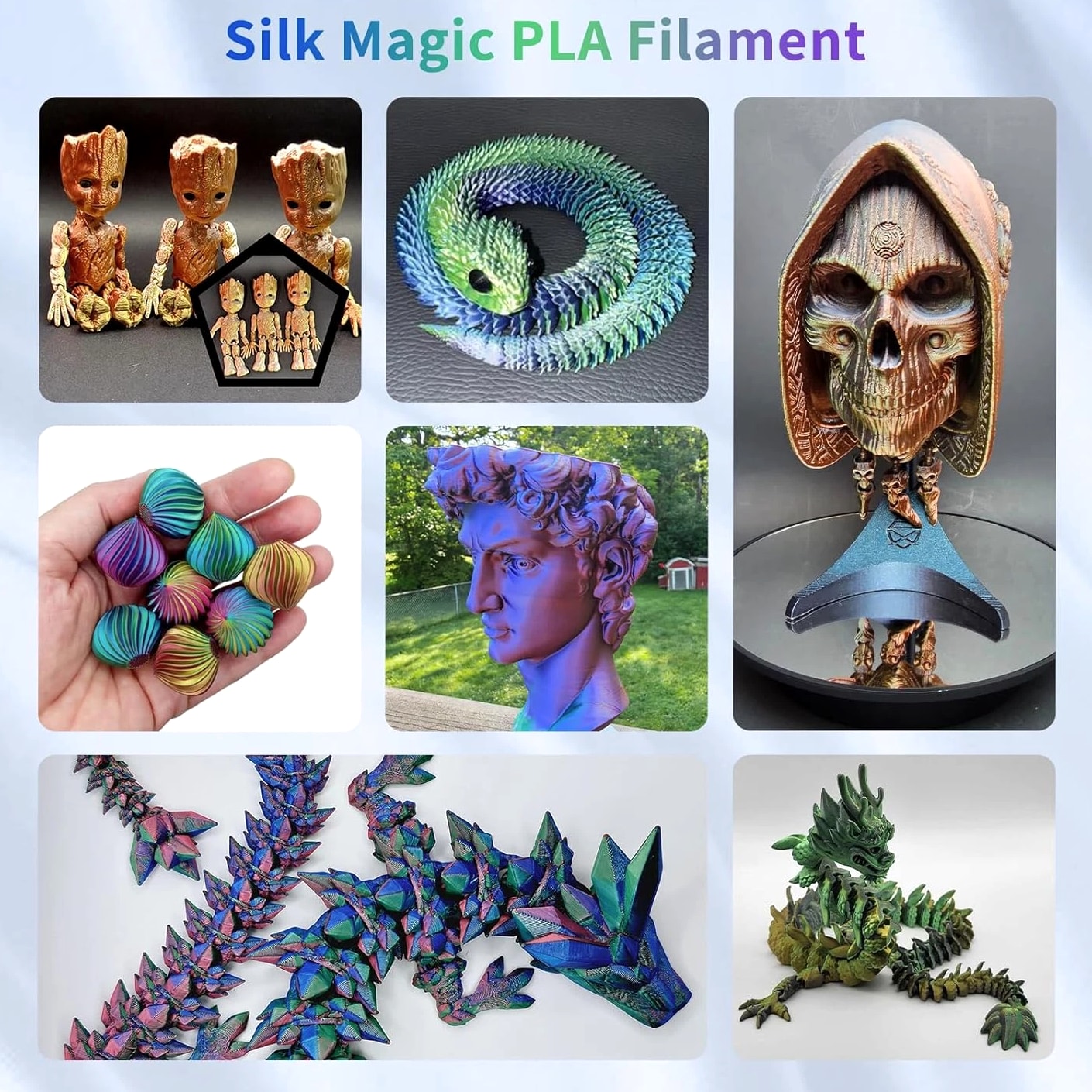 3D Printer Filament Silk PLA - Rainbow Color, 1.75Mm Tri-Color Filament 6 Pack