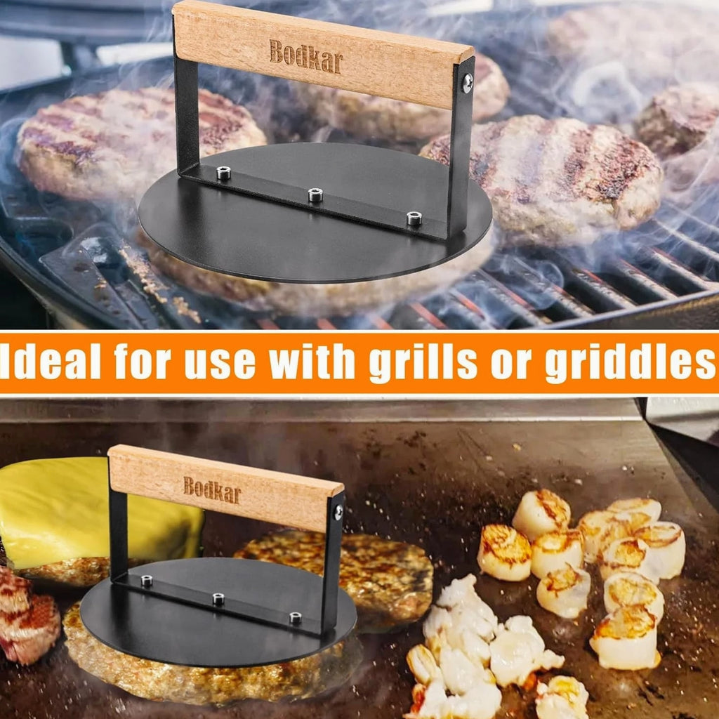 Elegant 6-Inch Smash Burger Press with Wood Handle for Perfect Grilling