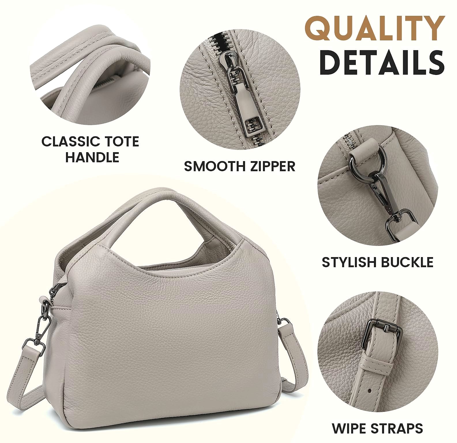 KOGTLA Medium Genuine Leather Handbag with Detachable Satchel Strap