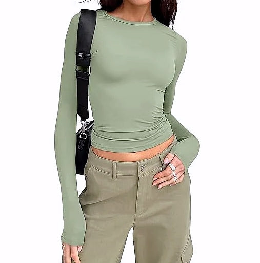Women's Long Sleeve Crew Neck T-Shirt Slim Fit Solid Tee