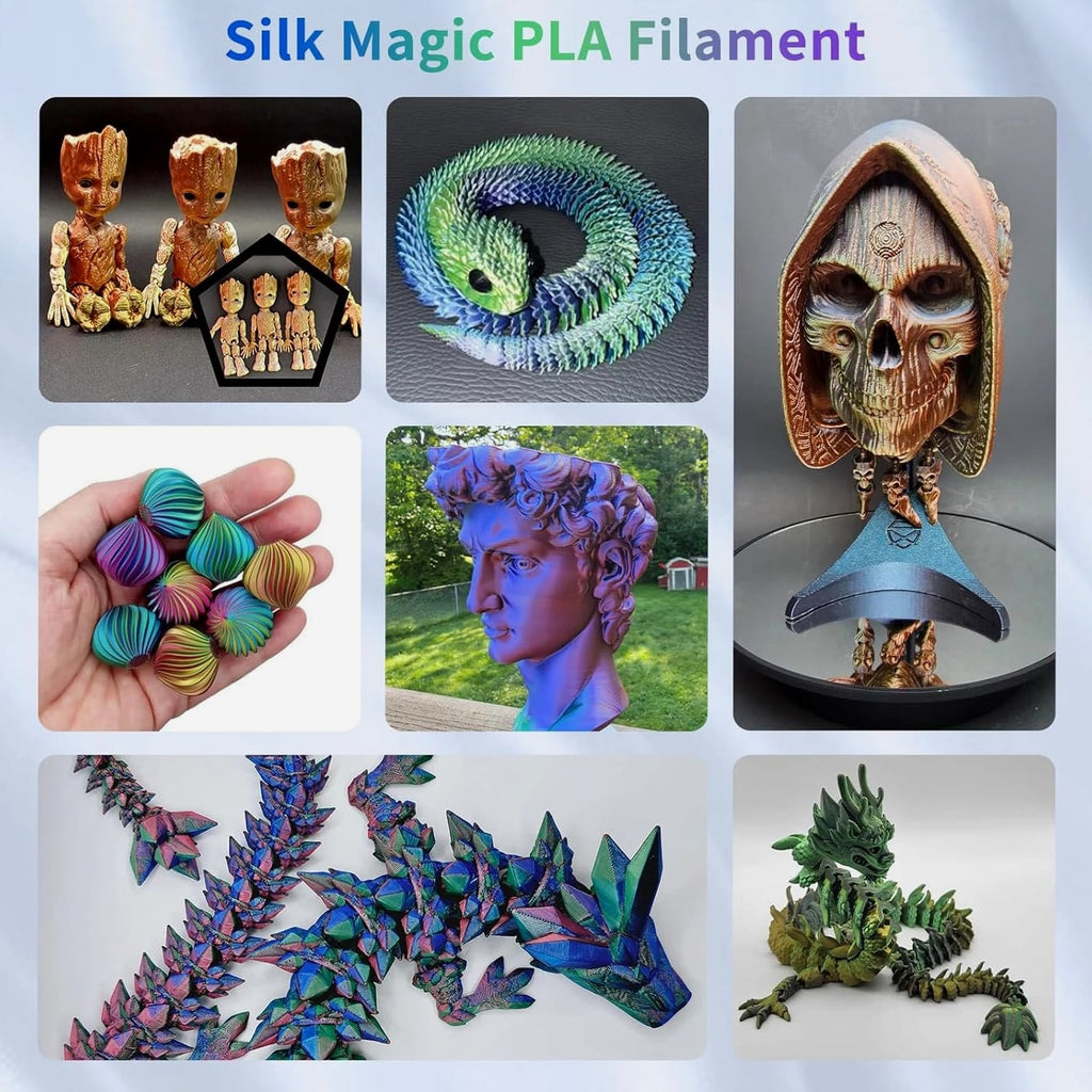3D Printer Filament Silk PLA, Rainbow Color 1.75mm Tri-Color 6 Pack