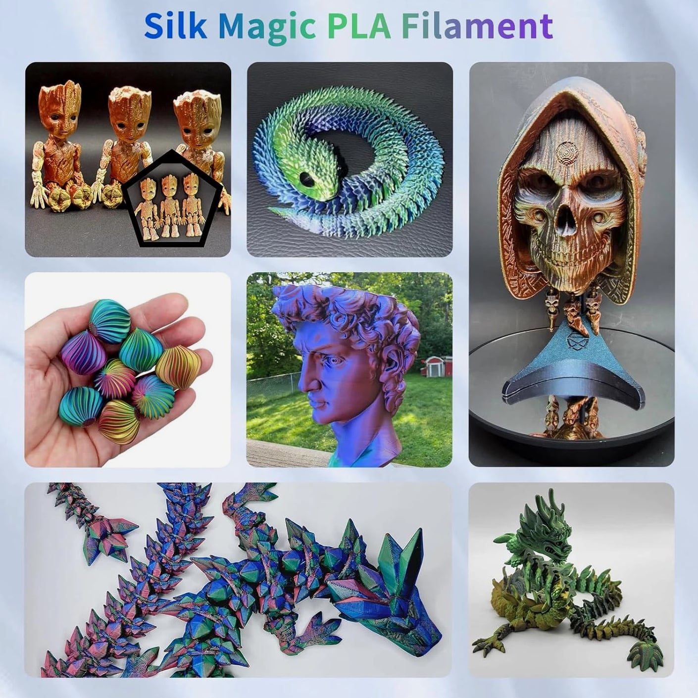 3D Printer Filament Silk PLA, Rainbow Color 1.75mm Tri-Color 6 Pack