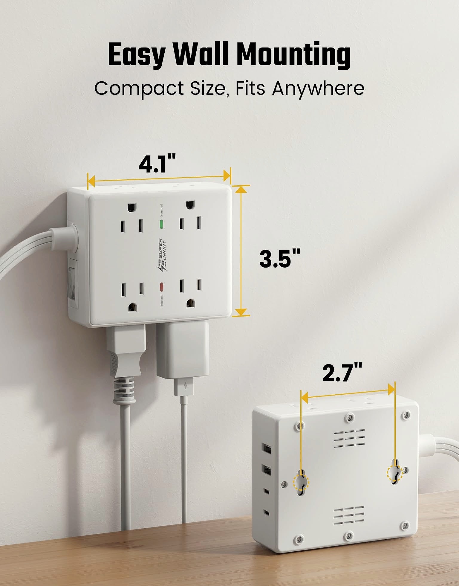 SUPERDANNY 10ft Extension Cord Power Strip, 8 Outlets 4 USB