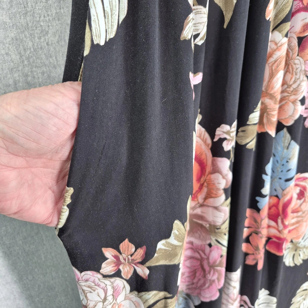 Vintage Promesa Dress Medium Romantic Black Floral Midi Fit Flare Pockets Boho