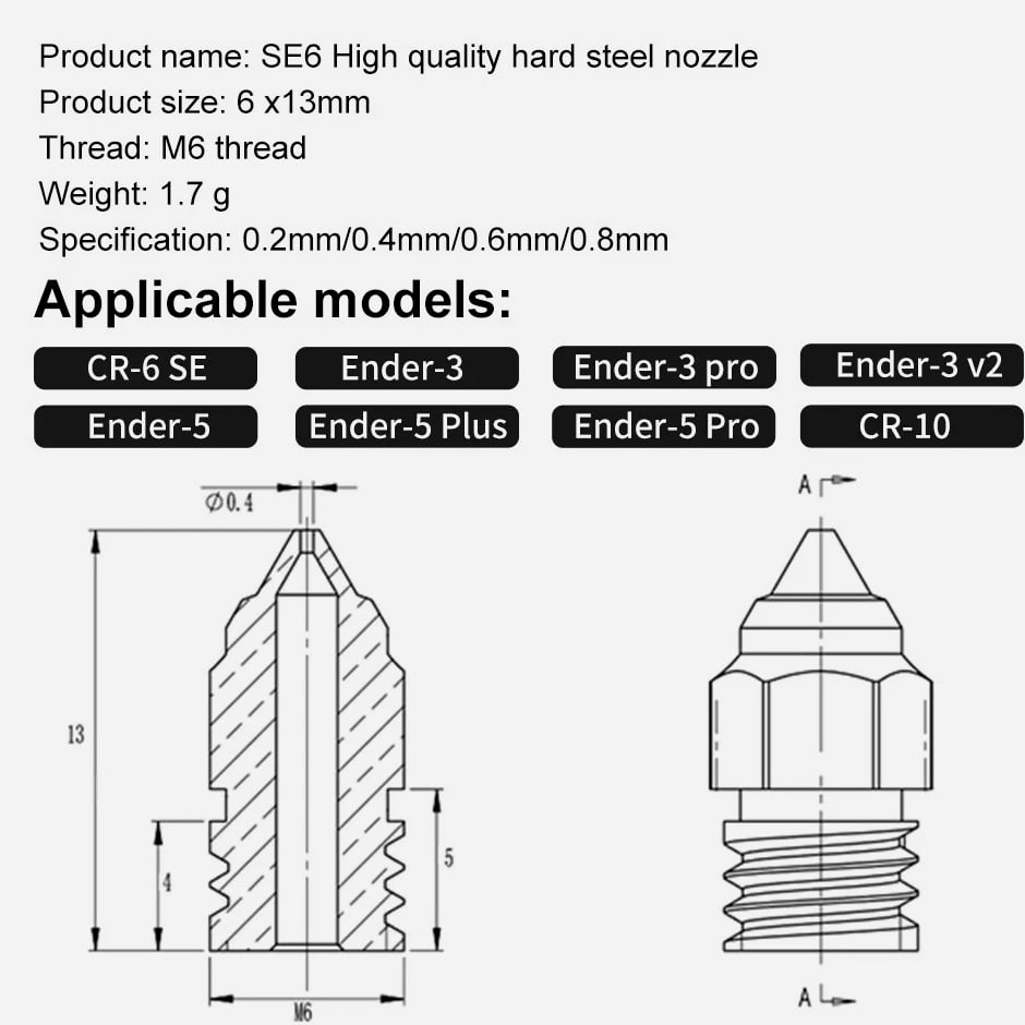 SE6 Hard Steel Nozzles for CR6 SE/CR10/Ender 3/Ender 5 3D Printer Parts 1.75MM