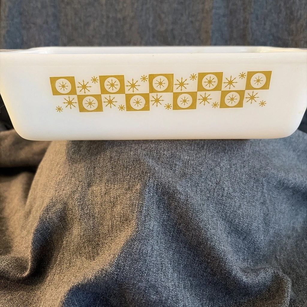 Anchor Hocking Fire King Ovenware Gold Atomic Starburst on White Milk Glass Loaf