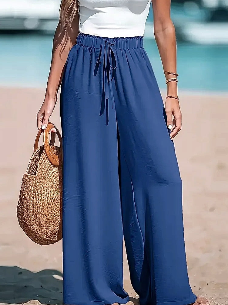 Cotton Linen Wide Leg Pants Women High Waist Drawstring