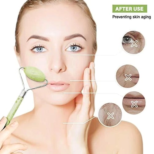 Natural Jade Roller with Gua Sha Lymphatic Drainage Tool for Face, Neck Anti-Aging